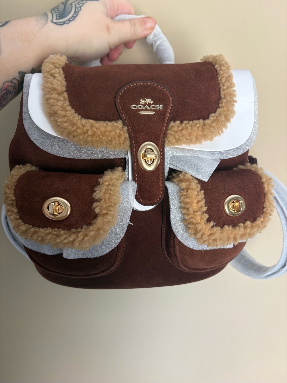 NWT Coach Hadley Brown Suede Shearling Trim Mini Backpack